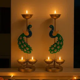kalakaari Handcrafted Royal Peacock T-Light Holder Set of 2 Iron 2 - Cup Tealight Holder image 2