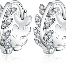myki Cute Little Silver Leaves Cubic Zircon Hoop Earring For Women & Girls Cubic Zirconia Silver Hoop Earring image 3