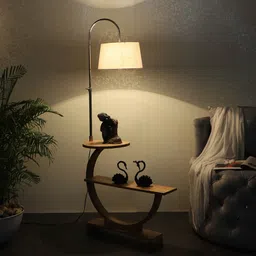 sapphire Contemporary White Iron Shade Shelf Floor Lamp With Wood Base image 2