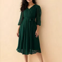 aask Women Fit and Flare Green Below Knee Dress image 4
