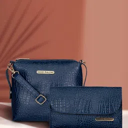 Bagsy Malone Blue Self Design Crocodile Print Sling Bag & Clutch Combo-image-98