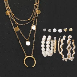 Jewels Galaxy Gold-Plated Layered Necklace With Set Of 6 Studs & Hoop Earrings Set-picture-20