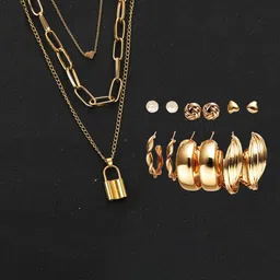 Jewels Galaxy Gold-Plated Layered Necklace With Set Of 6 Studs & Hoop Earrings Set-picture-12