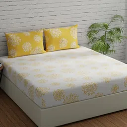 Huesland White & Yellow Floral Fitted Cotton 144 TC Double Queen Bedsheet Set-image-18