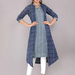 KANNAHI Women Geometric Printed Band Collar Cotton A-Line Kurta With Shrug-image-1