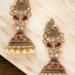 Anouk Gold-Toned Kundan Studded Peacock Shaped Meenakari Jhumkas-picture-18