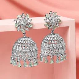 Rubans Rhodium-Plated Mint Green AD Drop & Cubic Zirconia Studded Floral Jhumka Earrings-picture-27