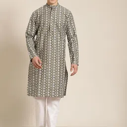 SOJANYA Men Olive Green & White Ethnic Motifs Embroidered Kurta-picture-31