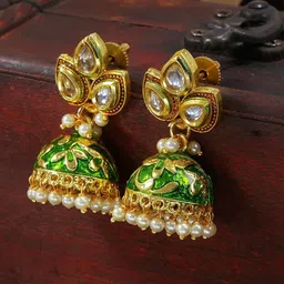 I Jewels Green & White Gold-Plated Pearl Beaded Enamelled Jhumka-picture-32