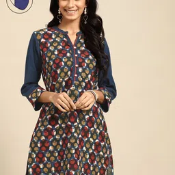 RANGMAYEE Navy Blue & Red Sanganeri Block Print Pure Cotton Kurti with Mask-image-4
