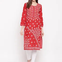 ADA Women Red & White Chikankari Hand Embroidered Straight Sustainable Kurta-picture-12