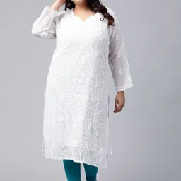 ADA Women Plus Size White Ethnic Motifs Chikankari Embroidered Georgette Handloom Kurta With Slip-picture-5