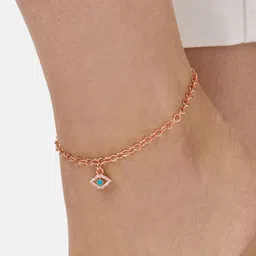 MINUTIAE Rose Gold-Plated Turquoise Blue & White Crystals Studded Evil Eye Charm Motif Anklet-picture-49