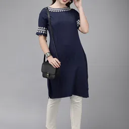 Anouk Women Navy Blue & Off-White Self Design Kurta with Trousers & Embroidered Detailing-picture-30