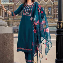 MOJILAA Women Floral Embroidered Regular Beads and Stones Kurta with Trousers & With Dupatta image 3