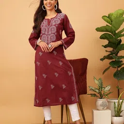 ADA Women Red & White Chikankari Hand-Embroidered Straight Sustainable Kurta-picture-36