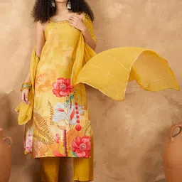 Varanga Women Spaghetti Strap Floral Kurta with Trousers and Dupatta image 3