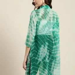 Qurvii Women Green & White Tie & Dyed Open Front Longline Shrug image 2