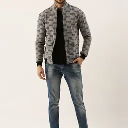 Campus Sutra Men Grey & Black Checked Windcheater Outdoor Biker Jacket image 3