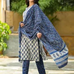 AHIKA Women White & Navy Blue Printed Kurta with Trousers & Dupatta image 2