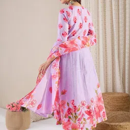 Indo Era Women Floral Printed Cotton Kurta with Trousers & Dupatta image 3