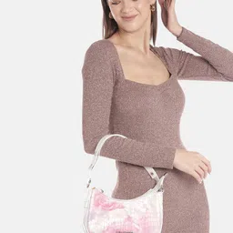 Lino Perros Women Off-White & Pink Floral Printed Croc Textured Structured Baguette Bag image 3