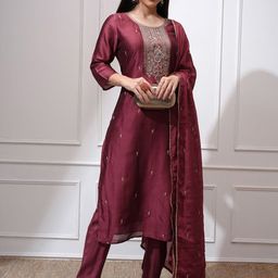 Vishudh Ethnic Motifs Embroidered Thread Work Straight Kurta with Trousers & Dupatta-picture-13