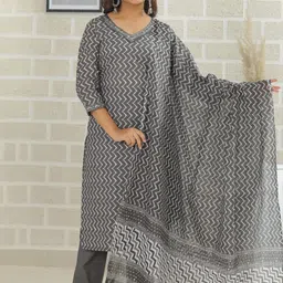 KALINI Chevron Printed Regular Pure Cotton Straight Kurta with Trousers & Dupatta-picture-33