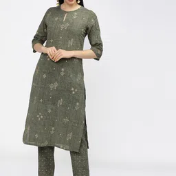 Vishudh Women Olive Green Printed Pure Cotton Kurta with Trousers-picture-19
