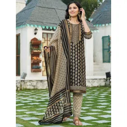 PHEETA Women Black Paisley Printed Patchwork Pure Cotton Kurta with Trousers & With Dupatta image 1