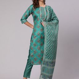 Jaipur Kurti Women Sea Green Ethnic Motifs Printed Kurta with Trousers & Dupatta-picture-40