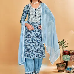 Anouk Blue Floral Printed Regular Thread Work Pure Cotton Kurta with Harem Pants & Dupatta-picture-40