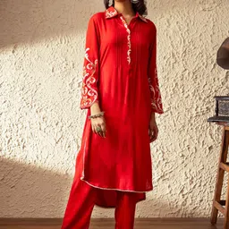 KAJREE Floral Embroidered High-Low Pure Cotton A-Line Kurta with Trousers-picture-40
