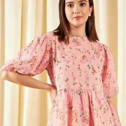 Marie Claire Peach Floral Print Puff Sleeve Georgette Peplum Top-picture-25