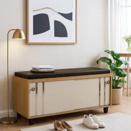 stunica Gliding Door 12- Pairs Shoe Rack With Seating In Oak And White Finish image 1