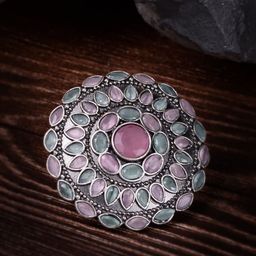 Saraf RS Jewellery Silver-Plated & Pink Studded Floral Adjustable Filigree Finger Ring-picture-17