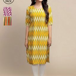 7threads KALINI Women Yellow & Mustard Yellow Pack Of 3 Geometric Printed Block Print Crepe Kurta-picture-9