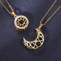DESTINY JEWELS Set Of 2 Gold Plated Couple Moon & Round Charms Shaped Pendants With Chains-picture-24