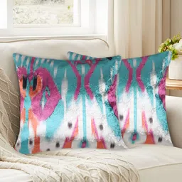Tesmare Off White & Blue 2 Pieces Ethnic Motifs Printed Velvet Square Cushion Covers-picture-40