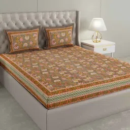 patricko Brown Floral 300 TC Cotton Double King Sized Bedsheet With 2 Pillow Covers image 1
