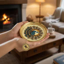 elitekitch Round Peacock_ 5 Inch Pure Brass Pooja Thali | Aarti Plate for Mandir Dinner Plate-picture-12