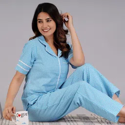 ameerah Women Shirt & Pyjama set Blue Checkered-picture-16