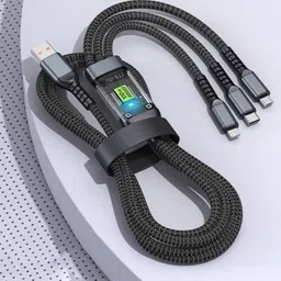 Precizy 3-in-1 Cable 1 m 3 Charging Cable USB 100W USB C Fast Charger Cable with LED Display Cord 3-in-1 USB to Type C/Lightning Connectors VOOC/FLASH/DART/WRAP (Black)-picture-10