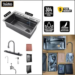 steelfeb 30X18X9 Piano Kitchen Sink (304 Grade) With LED Display & Dual Waterfall & Pull-Down Faucet & 5 Piano Switch Controls (No Electricity Req.) Vessel Sink image 5