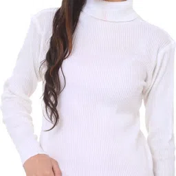 Women Solid High Neck Beige Sweater-image-13