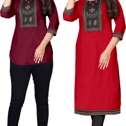 Pack of 2 Women Embroidered Cotton Blend A-line Kurta-image-5
