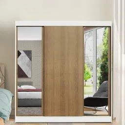 madesa Reno 3 Door Sliding Wardrobe In White And Brown Colour With Mirror & Drawer image 1
