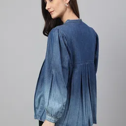 janasya Casual Puff Sleeves Washed Women Blue Top image 2