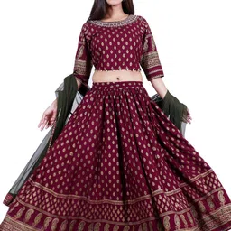 HERE&NOW Maroon & Gold-Toned Printed Ready to Wear Lehenga & Blouse With Dupatta image 3