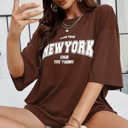 hell bound Women Printed Round Neck Pure Cotton Brown T-Shirt image 1